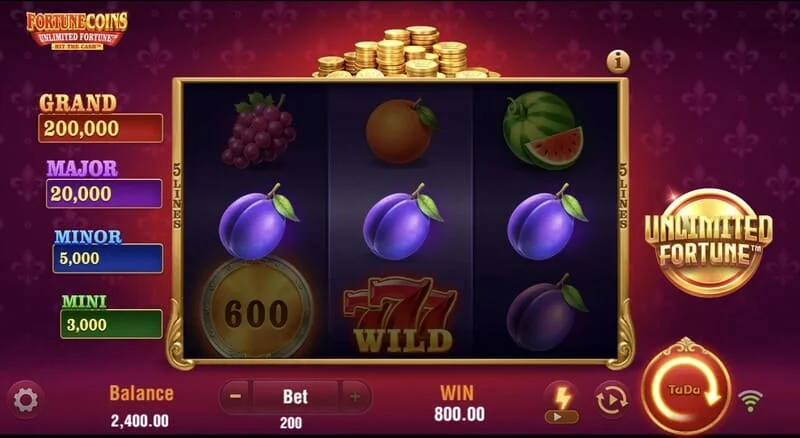 Fortune Coins Unlimited Fortune - основна мрежа 3 на 3 со симболи на овошје